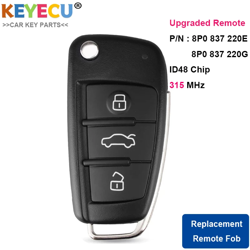 Пульт дистанционного управления KEYECU для Audi A3 TT 3 кнопки-315 МГц-ID48 чип-NBG009272T P/N: 8P0 837