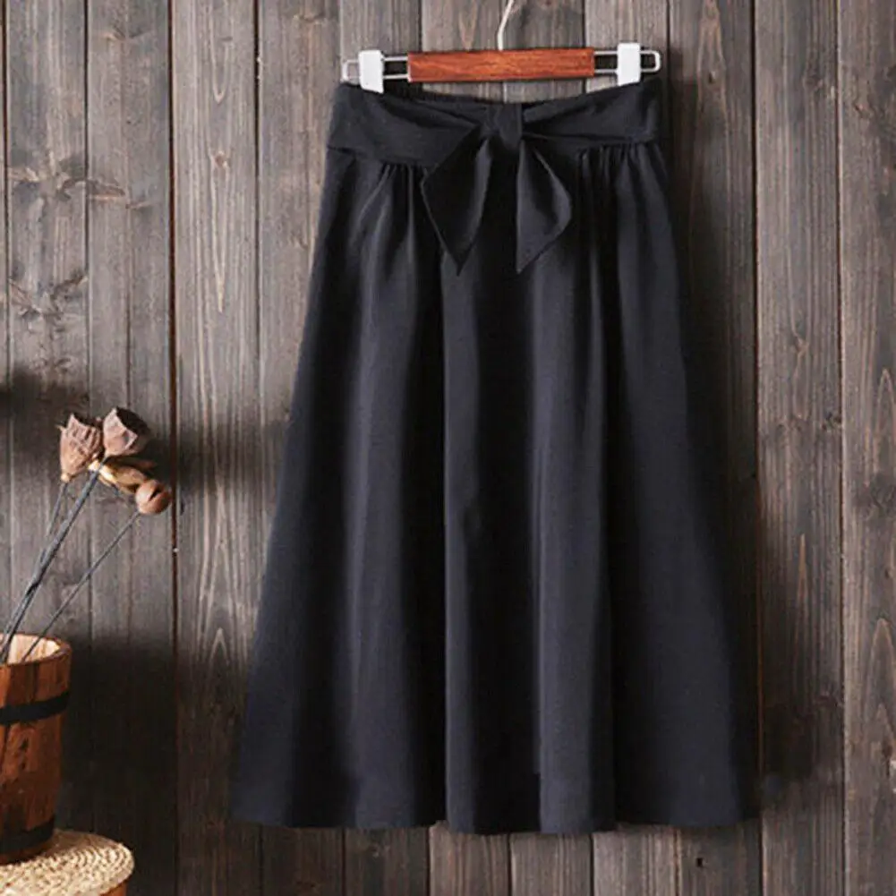 

faldas mujer moda 2019 Summer Women Casual Solid Color Bow Belted High Waist Pleated A-line Midi Skirt skirts womens jupe femme