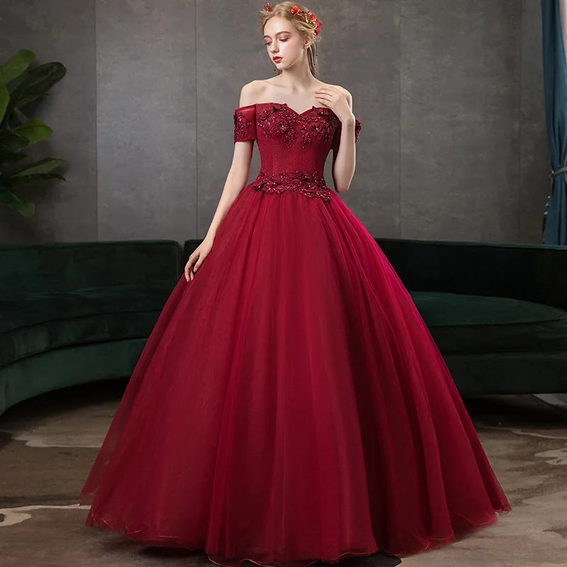Платье с юбкой из тюля бордовые платья Quinceanera платье открытыми плечами Vestidos De 15 Anos