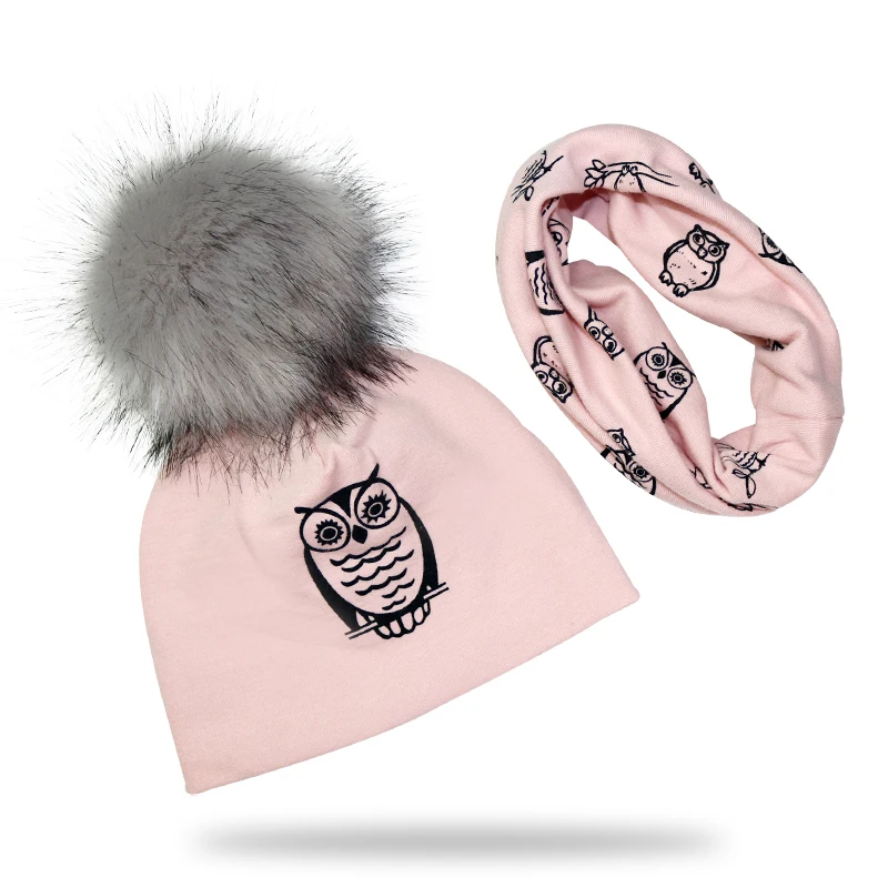 pink owl Детская шапка, хлопковый помпон с искуственным мехом, шапка для мальчика, зимняя шапка, шарф, комплект с принтом, шапка для девочки, шапочка, детская шапка - Цвет: pink owl
