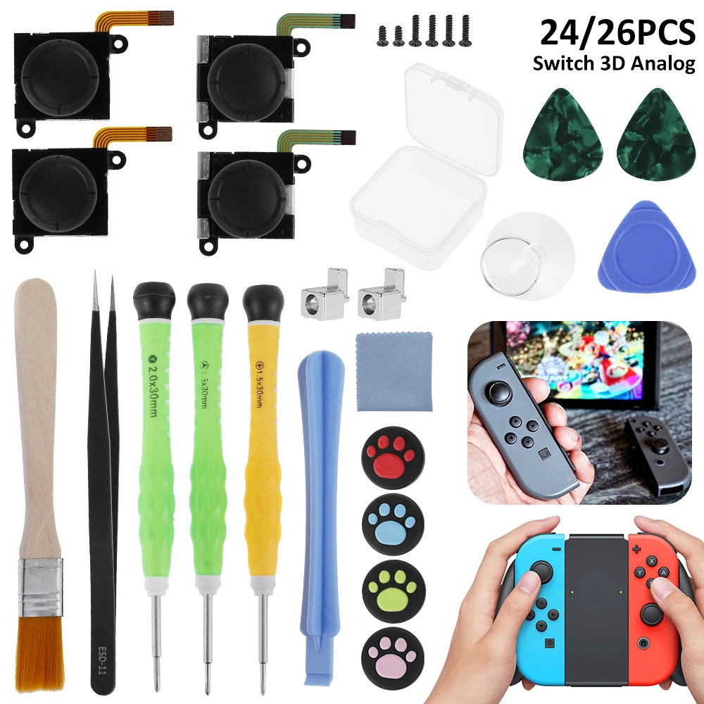 Kit de reparación de palo analógico 3D para Nintendo Switch, 26 en 1, Con Metal para hebillas, destornillador, Thumbstick, agarres de Metal