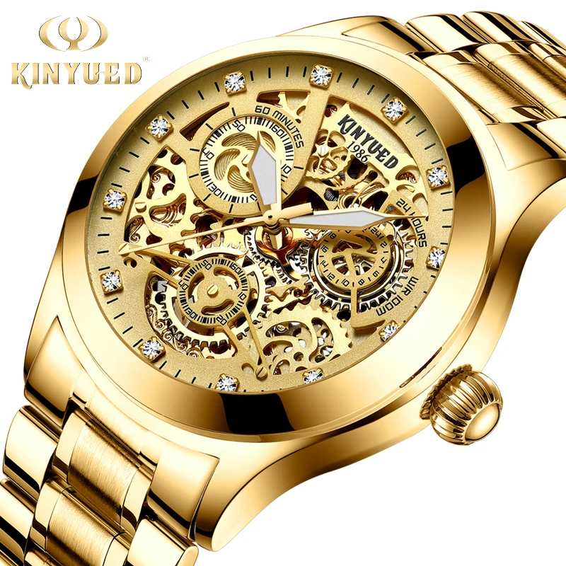 

KINYUED Mens Automatic Mechanical Watch Gold Fashion Top Brand Sports Watches Luxury Tourbillon Stainless Steel horloges mannen