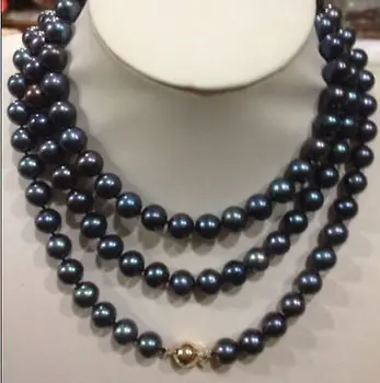 

Beautiful Natural 8-9mm AAA Black Tahitian Pearl Necklace 50" 14K Gold Clasp
