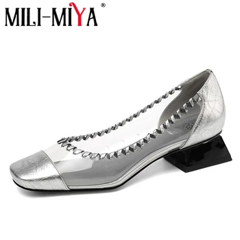 

MILI-MIYA Classic Women Pumps Patent Leather&Pvc Square Toe Slip-On Thick Heels Dress Spring/Autumn Shoes Big Size 34-43