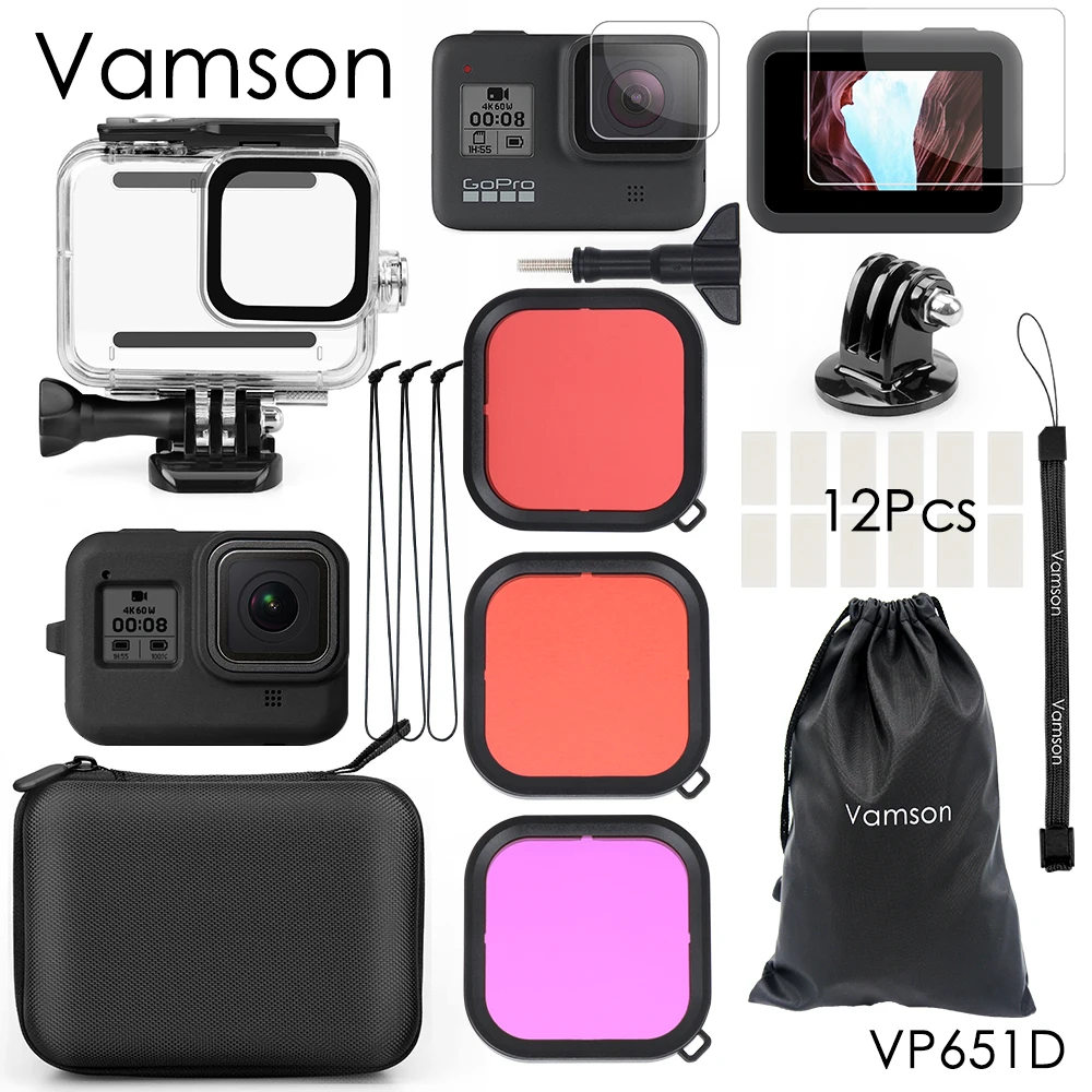 VP651D Vamson для Gopro hero 8, черный комплект аксессуаров, Супер набор, водонепроницаемый корпус, чехол, Крепление для штатива, монопод для Go pro hero 8 VS12 - Цвет: VP651D