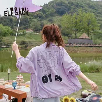 

ELFSACK Icecream Color Solid Letter Print Oversize Casual Women Jacket 2020 Summer ELF Zipper Korean Ladies Daily Outwears