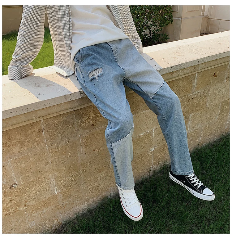 Autumn Jeans Men's Fashion Wash Contrast Color Stitching Casual Denim Pants Man Streetwear Wild Hip Hop Loose Straight Trousers