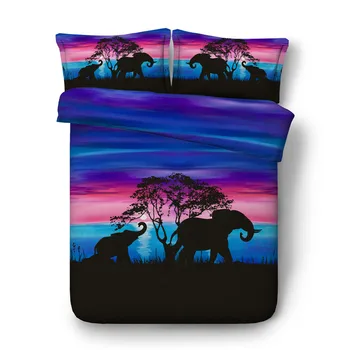 

3D Water color Elephant in the sunset Design Duvet Cover Sets Twin Queen King Size Sunset Elephants Print Animal Bedding Bedline