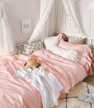 

Elegant romantic ruffle bedding set girl,full queen king cotton lovely pink lace home textile bed sheet pillowcase duvet cover