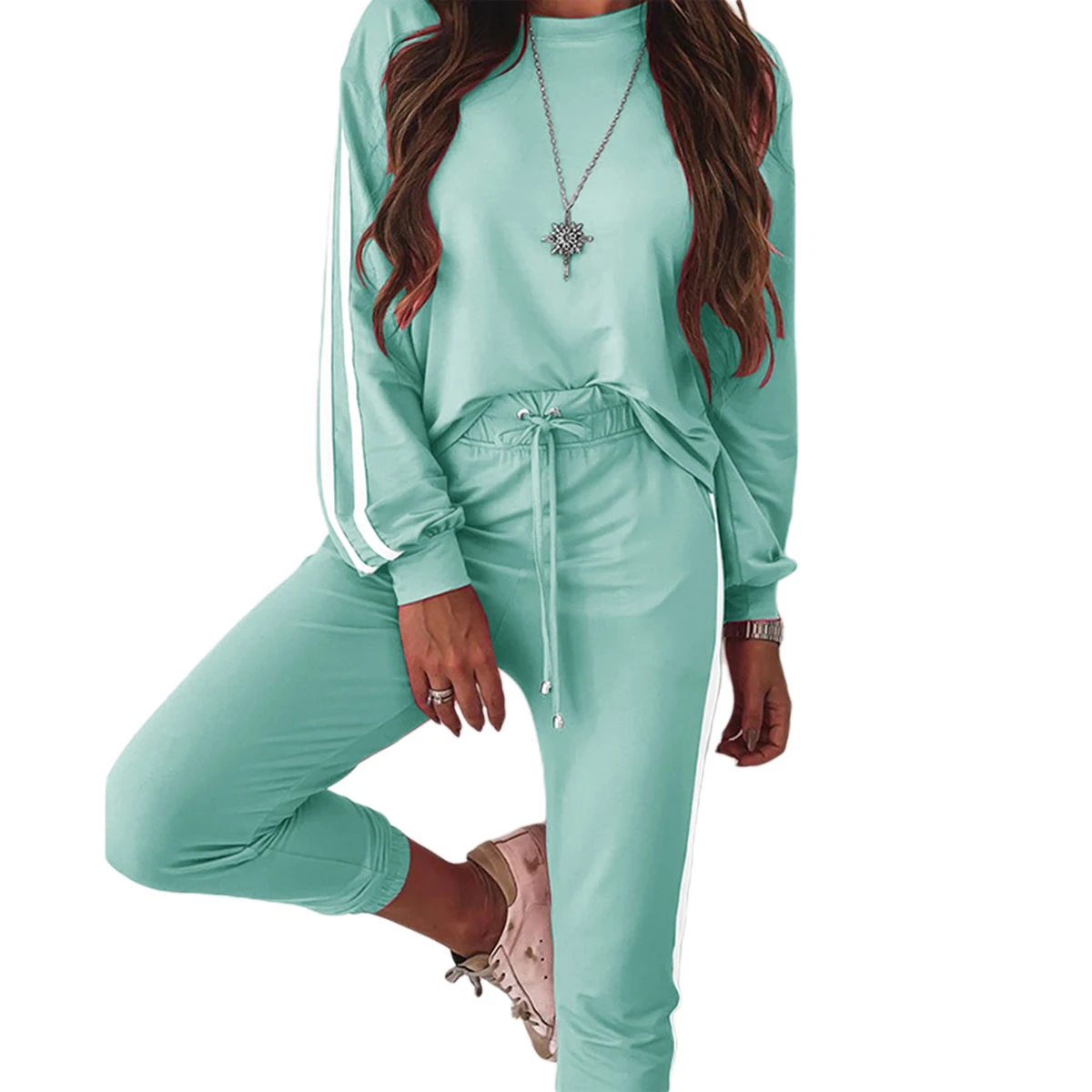 

2020 Women Autumn Tracksuit Solid Color Stand Collar Long Sleeve Top+Drawstring Tie-Waist Pants Girls Casual Sportwear