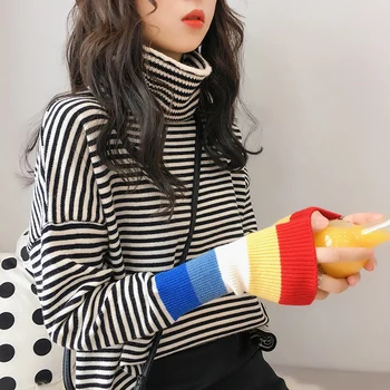 

turtleneck knitted women sweaters striped slim thicken warm lady elegant pulls 2019 winter new design tops
