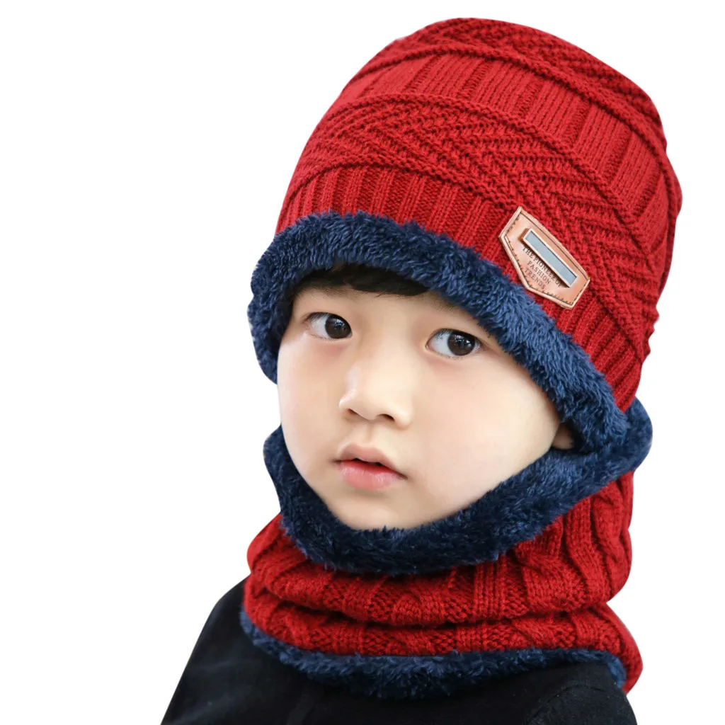 Флисовые контрастные цвета, вязаные теплые зимние шапки для детей, шапка+ шарф, комплект из двух предметов, детская зимняя шапка для детей, Gorro, аксессуары