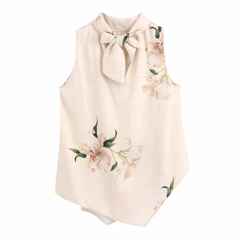 

2020 women elegant v neck bow tied flower print casual silk kimono blouse shirt women sleeveless chic brand feminina tops LS6390