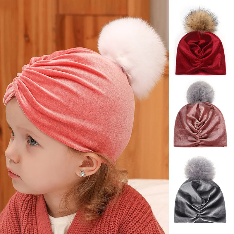 Детская шапка с помпоном, шапка-капот, теплая зимняя шапка для маленьких девочек, детская шапочка, золотистая бархатная детская шапка для маленьких девочек