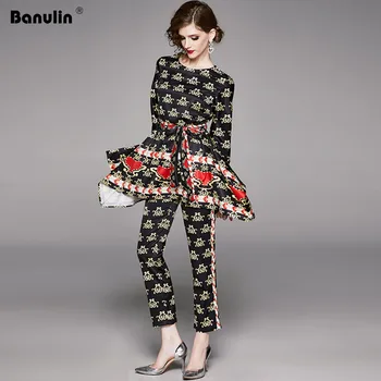 

Banulin 2020 Spring Runway Pant Suit Set Women's Long Sleeve Retro Pattern Print Belt Irregular Hem Tops + Pants Two-Pieces Sets