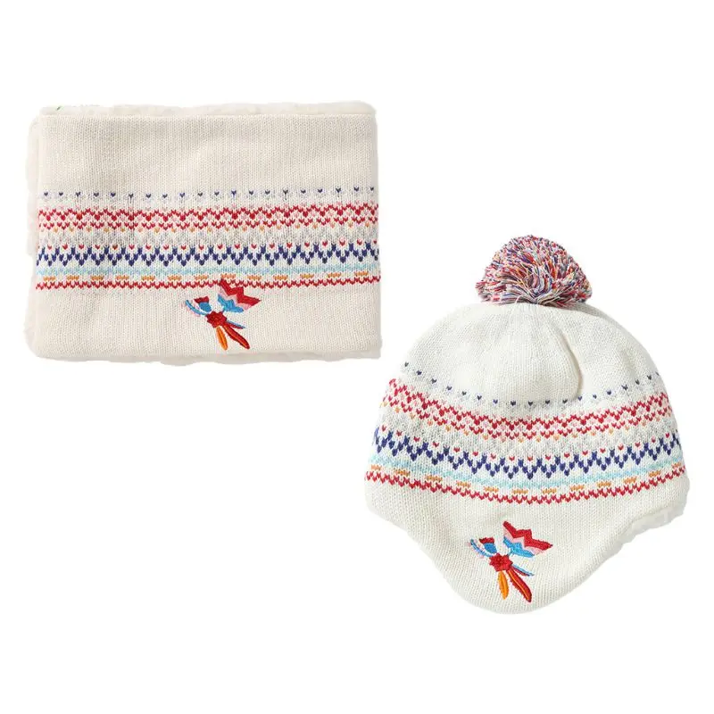 Зимняя теплая плюшевая шапка-ушанка с помпоном и вышивкой для детей ясельного возраста, шарф бесконечности D08E