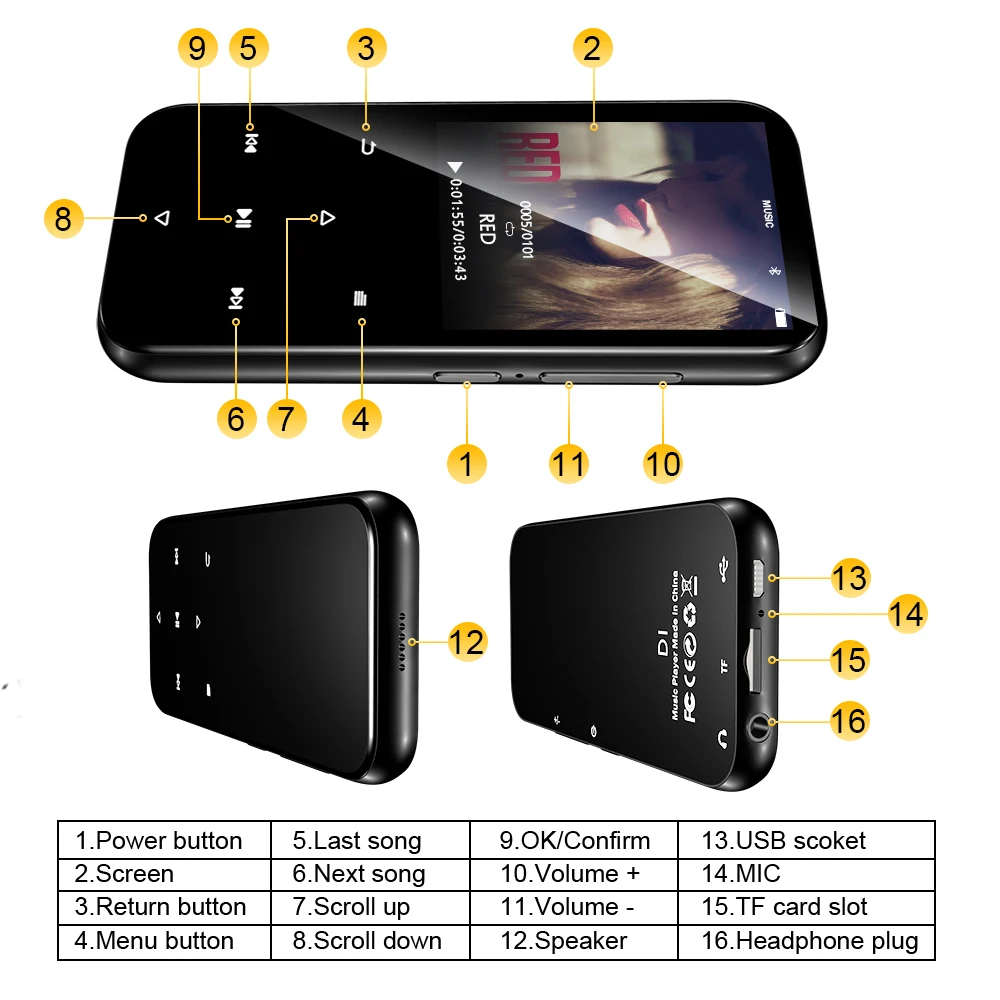 Портативный MP3 плеер Walkman с Bluetooth HiFi музыкальный плеер динамик сенсорная кнопка воспроизводитель Mp3 аудио радио встроенный 16 Гб