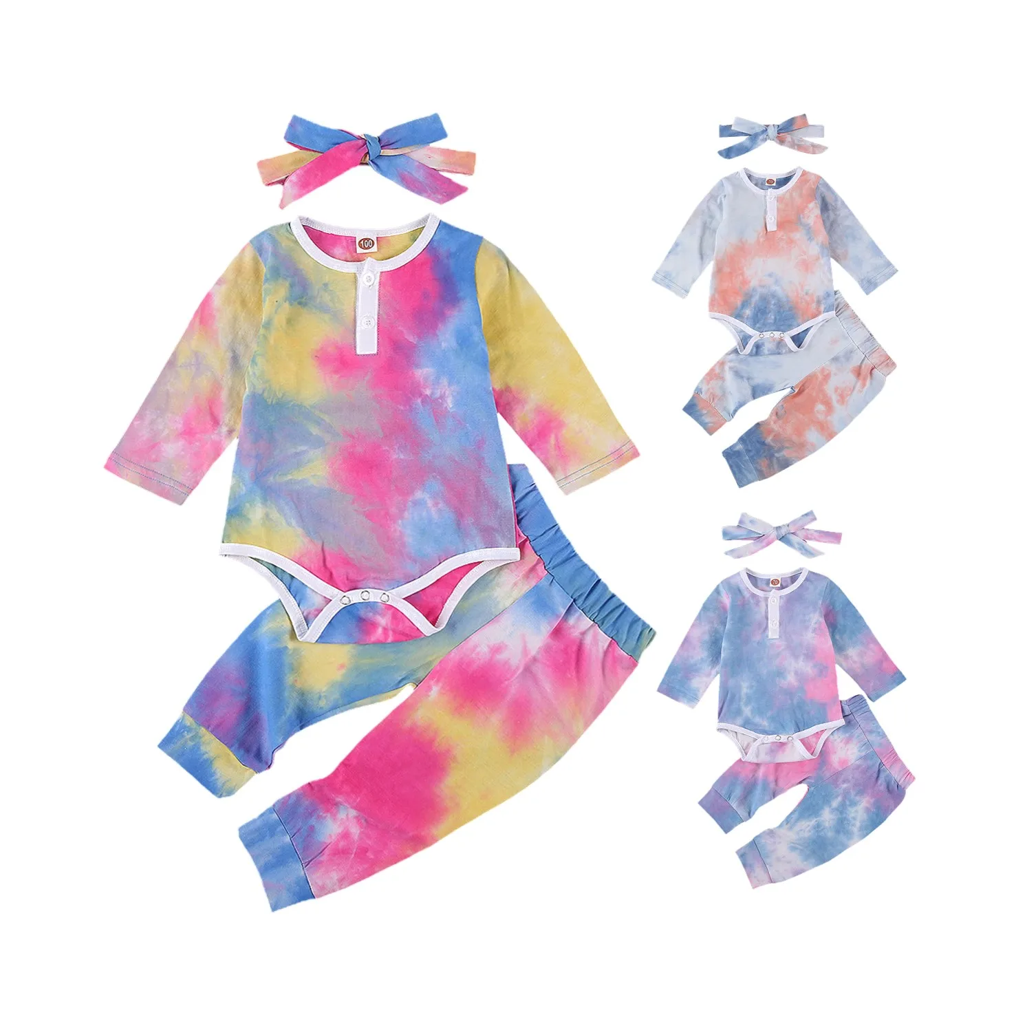 

2020 New Fall Autumn Infant Baby Girls 3Pcs Set Tie-dye Print Button Decorate Long Sleeve Bodysuit+Long Pants+Headband Newborn