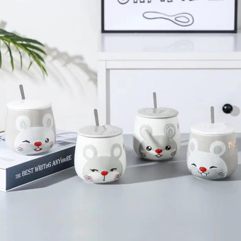 

New 400mL Cartoon Rat Coffee Mug with Spoon and Lid Creative 4 Styles Animals Milk Tea Ceramic Cup Best Birthday Gift for Friend