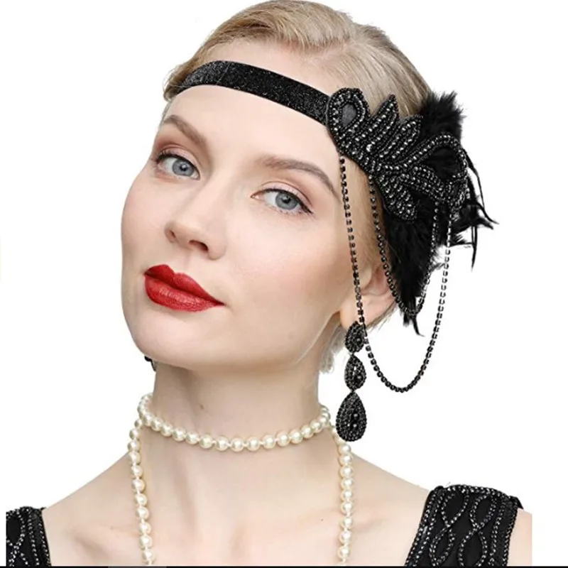 Женский винтажный ободок с сережками, наборы для косплея, большой головной убор Gatsby, аксессуары для свадебной вечеринки, 1920s Flapper