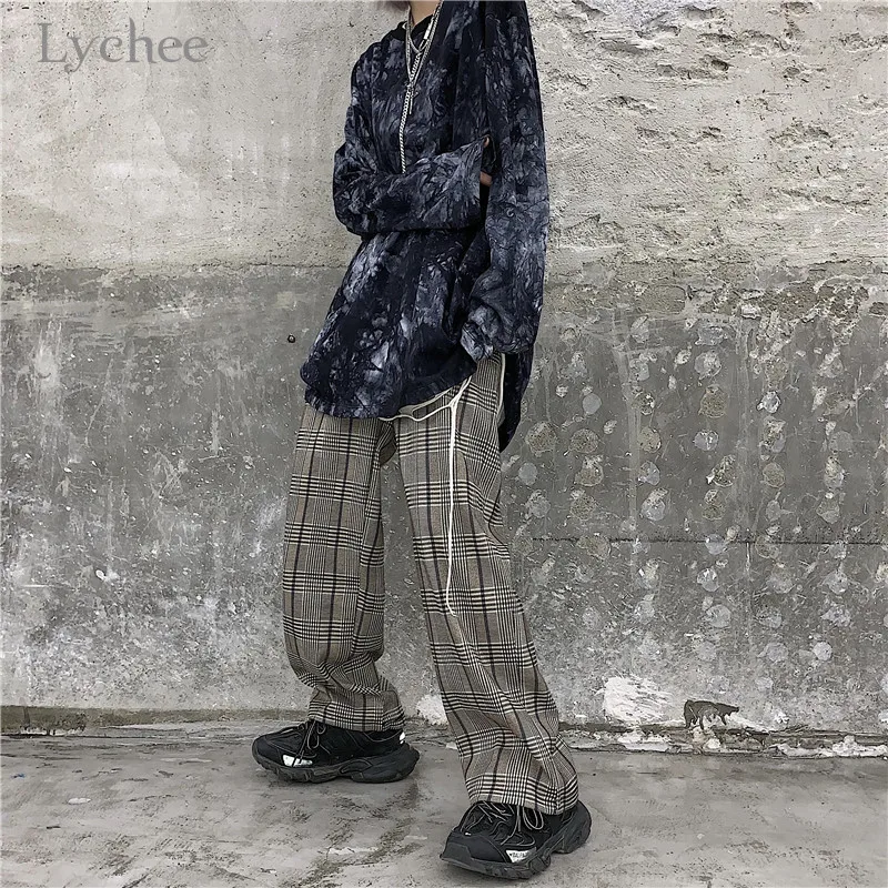 Lychee, Harajuku, клетчатые женские штаны, эластичные, высокая талия, широкие, женские брюки, повседневные, свободные, хлопок, весна, осень, женские штаны