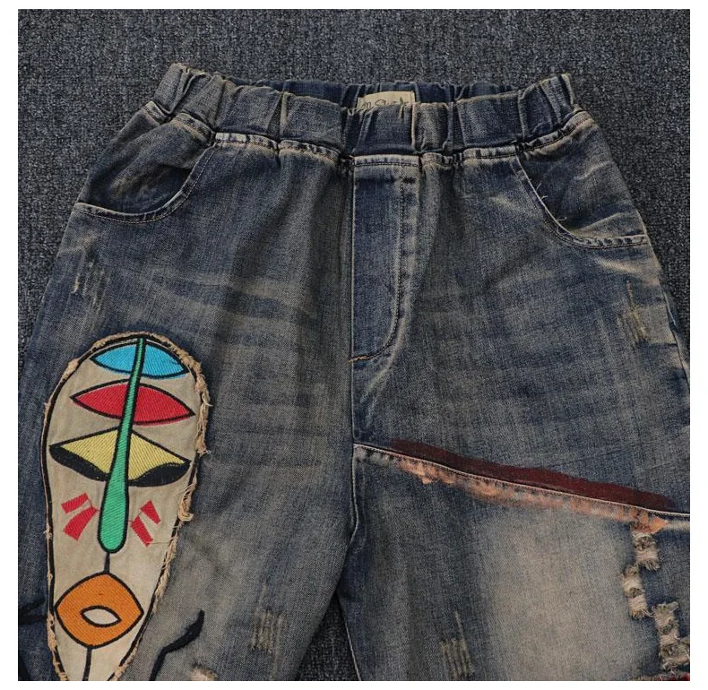 Personalized Character Patchwork Denim Harem Pants For Women National Vitnage Hole Ripped Jeans Woman Washed Embroidery Trousers