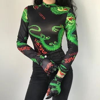 

Chinese Dragon Print Bodysuit Women Fashion Autumn Body Long Sleeve Festival Bodysuits with Gloves Top Jumpsuit Streetwear