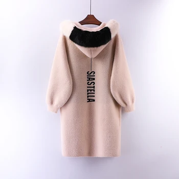 

Mink Cashmere Female Overcoat 2019 New Spring Autumn Medium-long Embroidery Letter Lantern Sleeve Cardigans Women Sweaters Coats