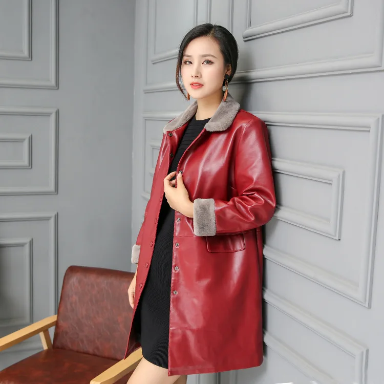 

Mid-length Haining Leather Coat WOMEN'S Jacket Europe And America 2019 Autumn Women's Slim Fit Large Lapel PU Leather Trench Coa