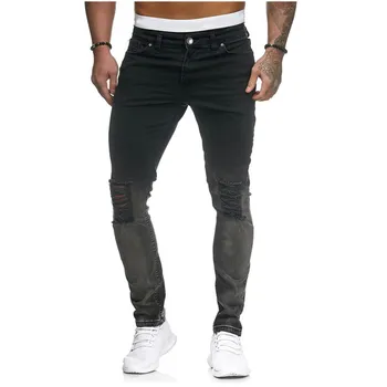 

2019 New Mens Denim Jeans Fashion Patchwork Skinny Pants Slim Fit Zipper Destroyed Style Ripped Male Elastic Trousers