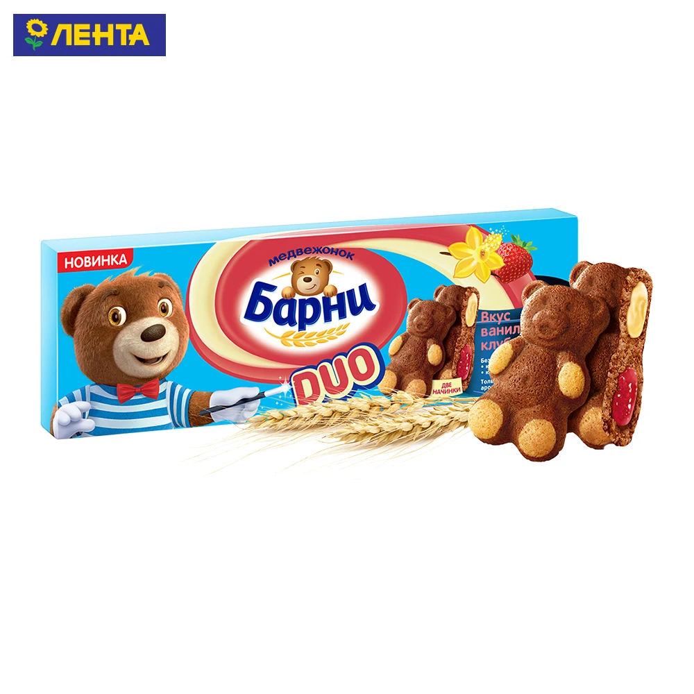 Пирожное медвежонок барни Duo бисквитное вкус ванили и клубники 150г тв/уп (7622210927514)