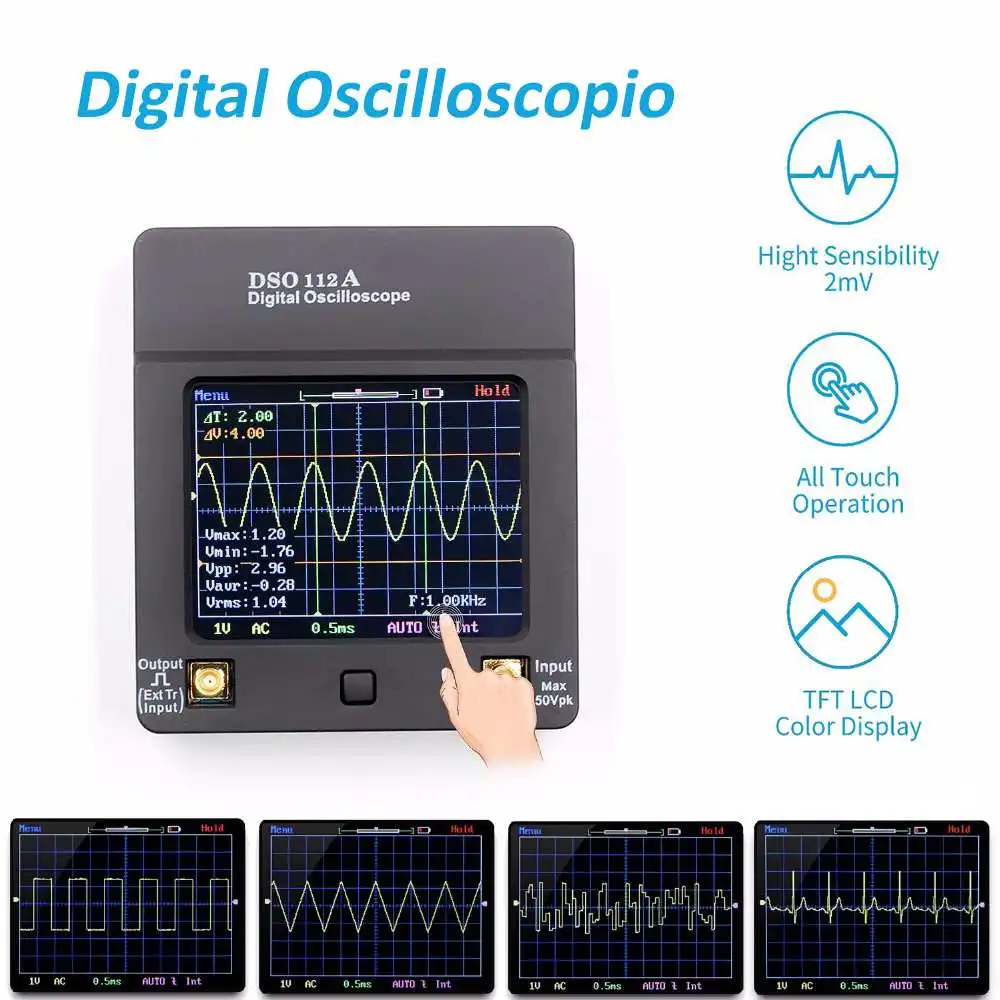 

Mini Digital Oscilloscope 2MHz 5Msps 2.4 TFT LCD Color Touch-Screen Handheld USB Oscilloscope Interface with Test Clip