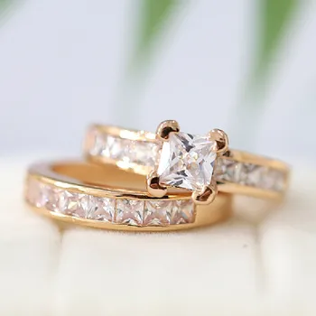 

Fine Jewelry Bridal Set Half Eternity CZ Wedding Ring 18k Rose Gold Plated Ring Set 6mm Princess Cut Topaz Ring Set Engagement
