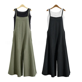 

2Pcs Women Casual Solid Spaghetti Straps Wide Leg Pants Pockets Loose Bib Cotton Linen Jumpsuits Xxl - Black & Green