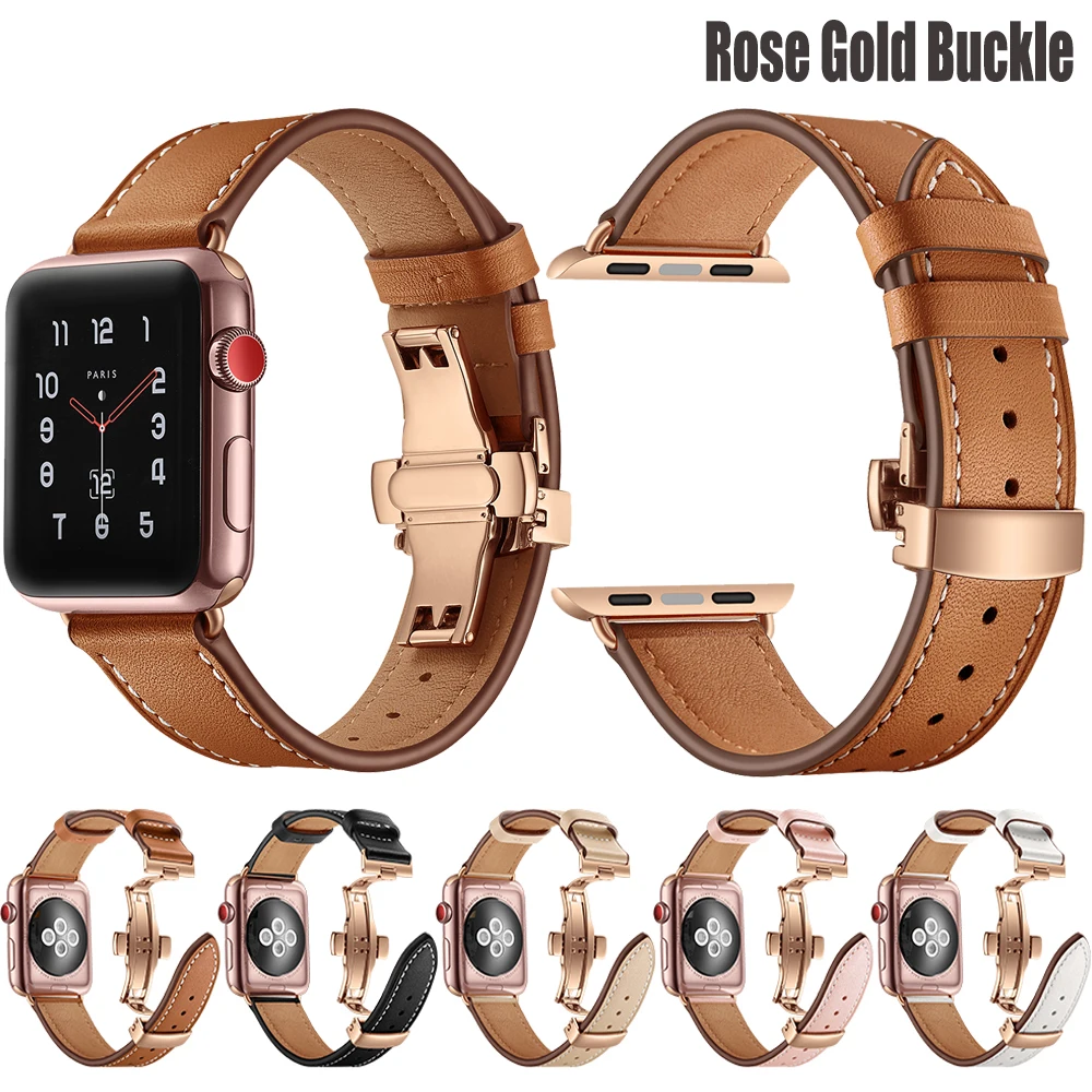 Ремешок из натуральной кожи для Apple Watch Band браслет цвета розового золота с пряжкой
