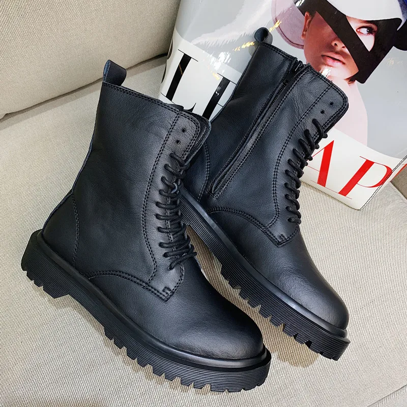 

2020 Winter Fashion Round Toe Lace-up Split Leather Boots Lady Shoes Zip Ankle Western Boot Punk Flat Platform Boots Women Shoes