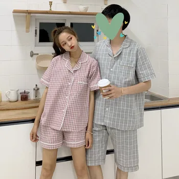 

Pajamas Suit Summer Comfortable Pajamas Blue Gray Pink Beige Short-Sleeved Shorts Men / Women Couple Pajamas Home Service