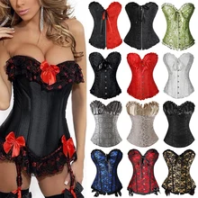2022NEW Women Steampunk Gothic Waist Trainer Corset Red Bow Satin Lace up Corset Dress Waist Cinchers Sexy Lingerie Corsets and
