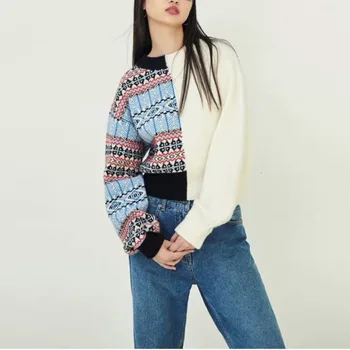 

TVVOVVIN Autumn New Ladies Patchwork Sweater 2019 Women Wind Split Joint Pullover Knitting Tops DG115