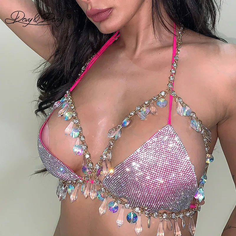 DAVYDAISY Women Sexy Crystal Bra Hot Metal Body Chain Summer Rave Beach Wear Nightclub Tops Sexy Bling Backless Lingerie BR050