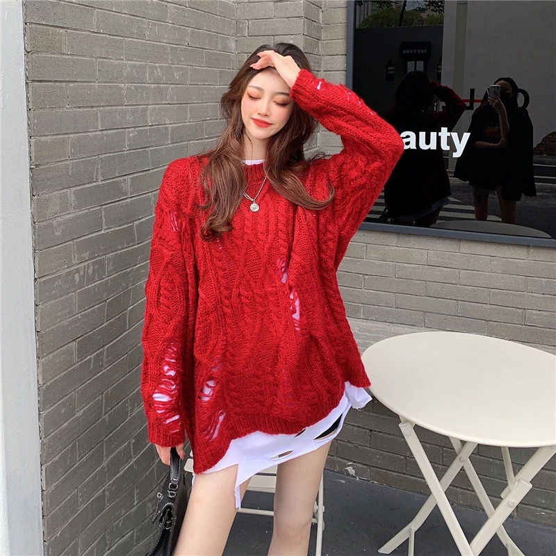 

Lazy ripped fashion sweater women loose loose outer wear very fairy outer wear sweater