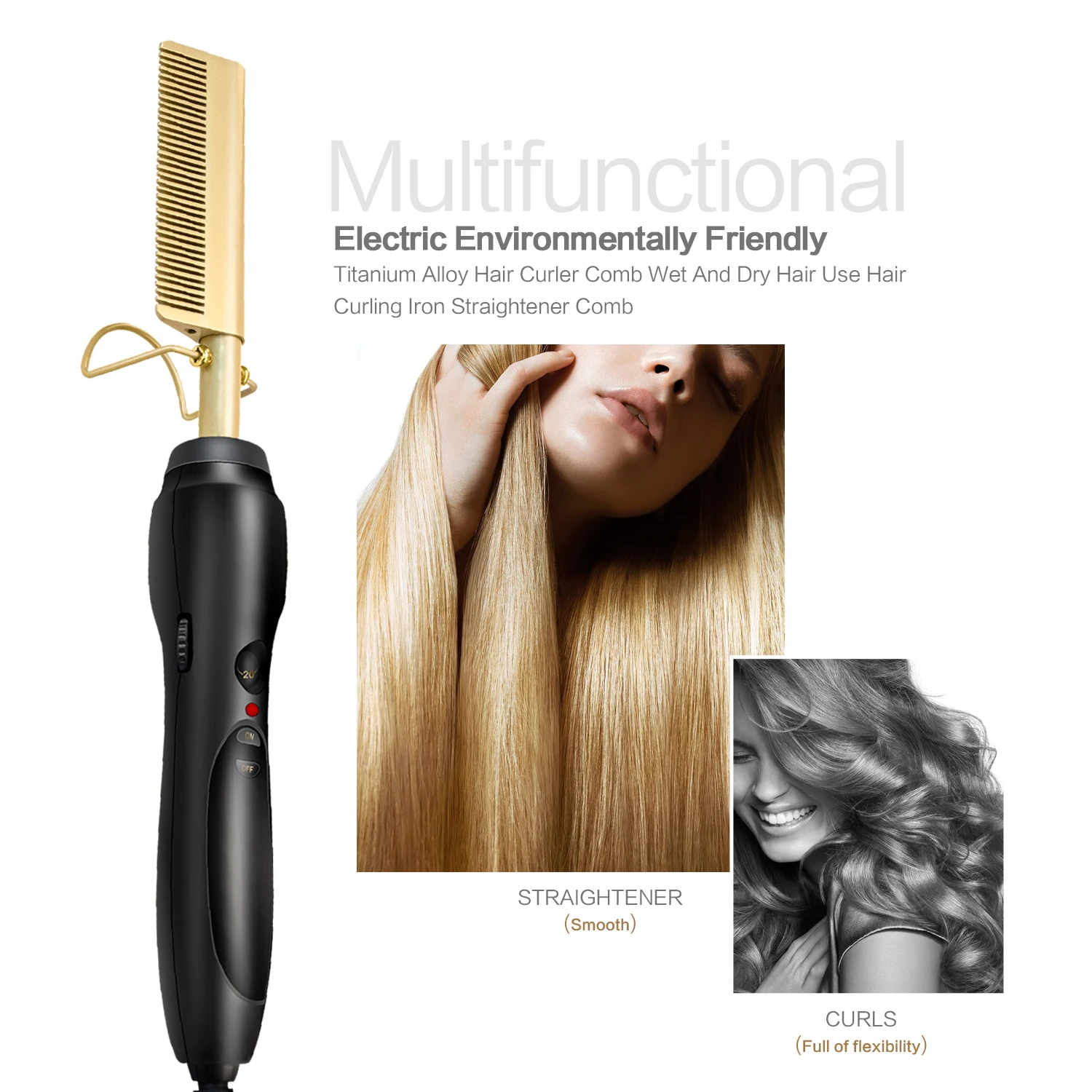 Beard Straightener Hot Comb Electric Environmentally Friendly Gold Titanium Alloy Straight Hair Comb Salon Perm Tool Iron Comb