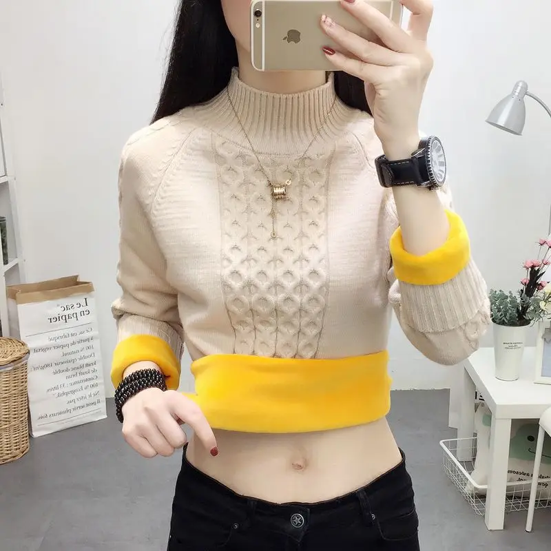 2019 winter new plus velvet thick loose sweater female solid color bottoming sweater 698