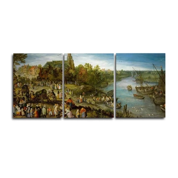 

Laeacco 3 Panel Canvas Calligraphy Painting Landscape River Person Wall Art Poster and Print for Living Room Home Decor Pictures