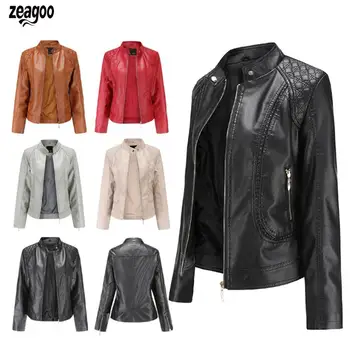 

New Womens Stand Collar Synthetic Leather Slim Winter, Autumn Jacket Solid Zipper Casual Casual Coat