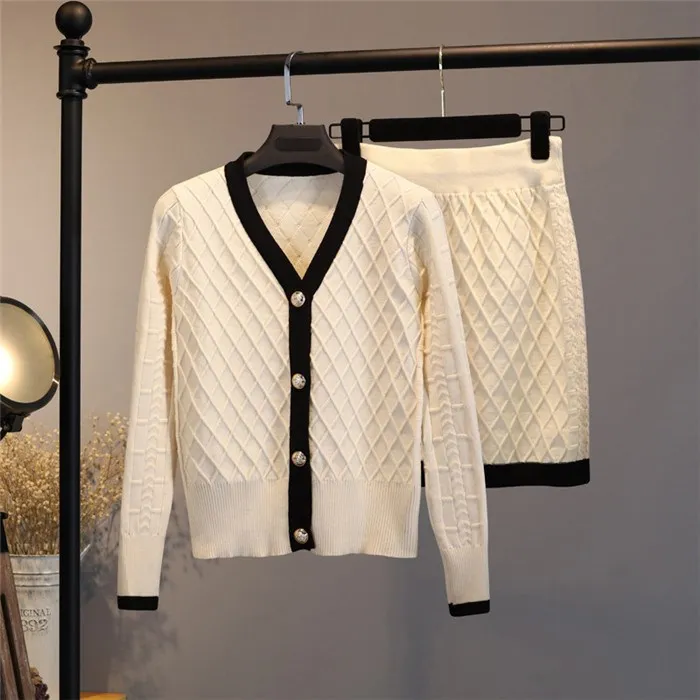 

Women England Style Skirt Sets Elegant V-Neck Cardigan Two Piece Sets Solid Elastic Waist Knitted Casual Set