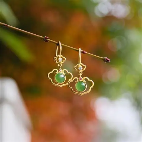 Hetian green jade and gold plated earrings