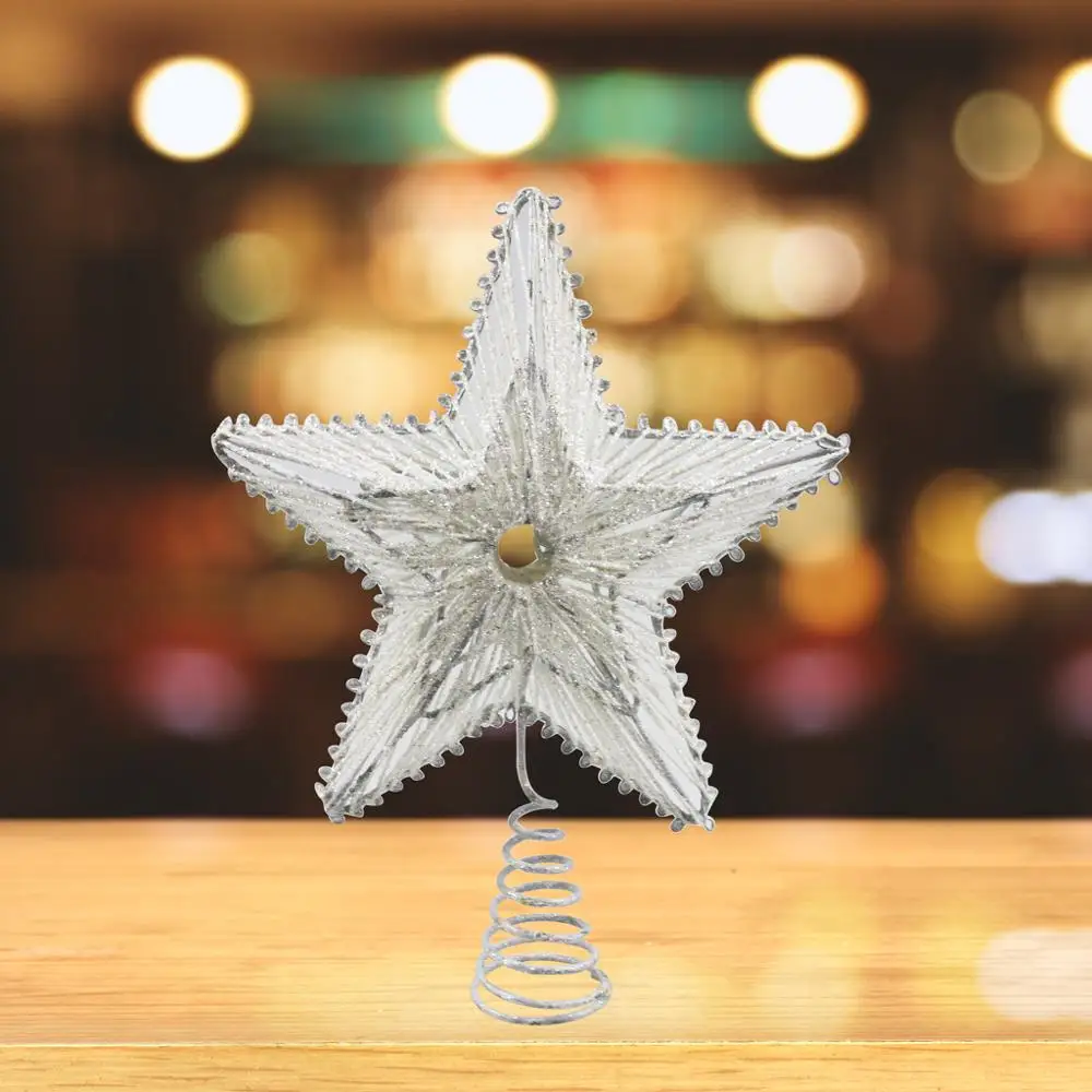 

High Quality Christmas Tree Ornaments Glitter Silver Metal Hollow Star Tree Topper Decoration Xmas Treetop