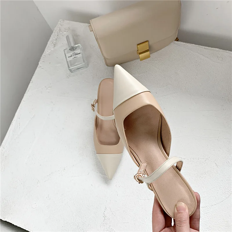 

Women's Pointed-Toe Genuine Leather Mixed Colors Sandals Women's Semi-high Heeled Low-Cut Closed-toe Thin Heeled Online Celebrit