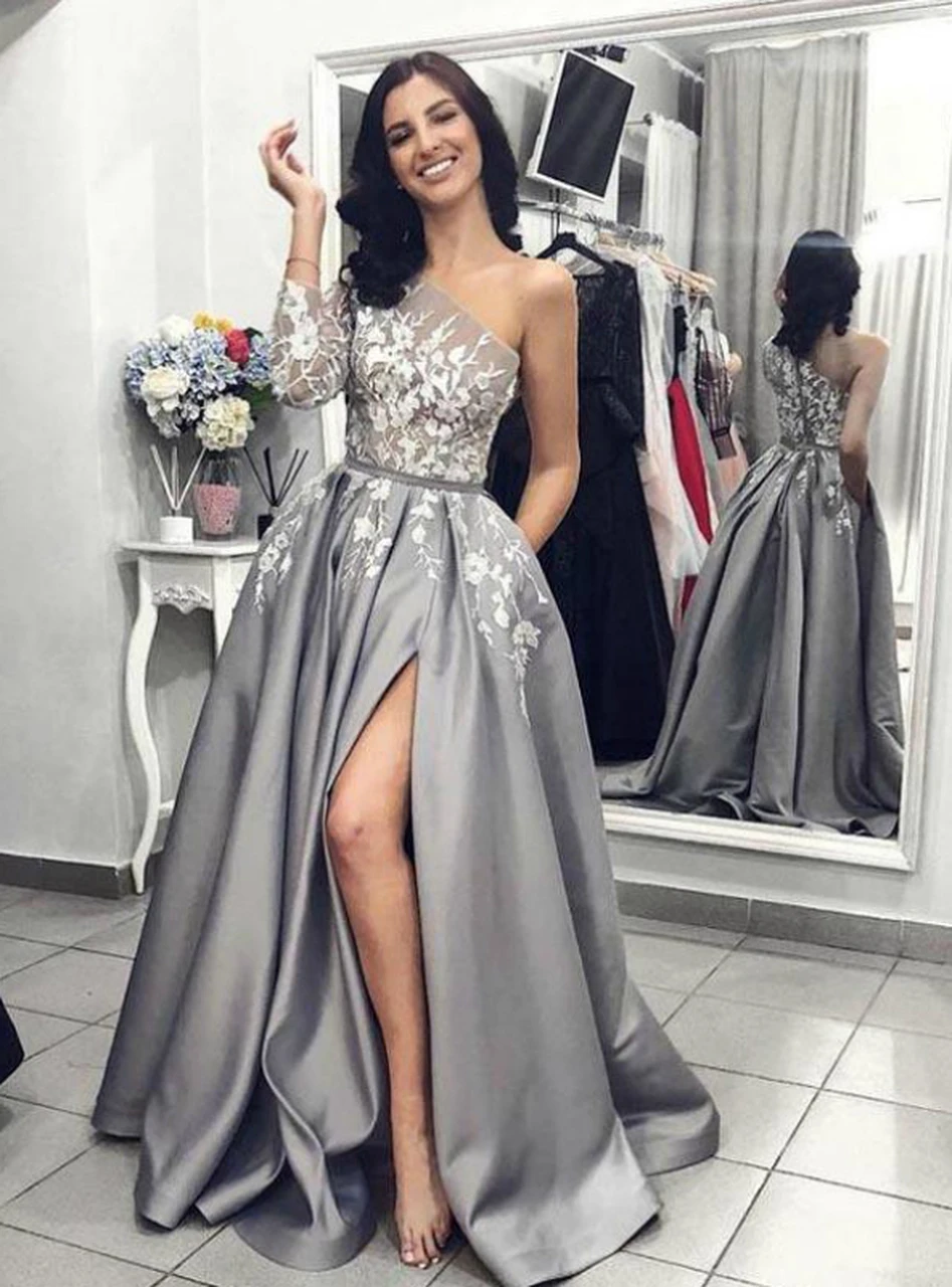 VKbridal серый атлас вечернее платье Сексуальное Сплит А-силуэт аппликация на одном плече кружева длинный рукав Выпускные платья с карманом